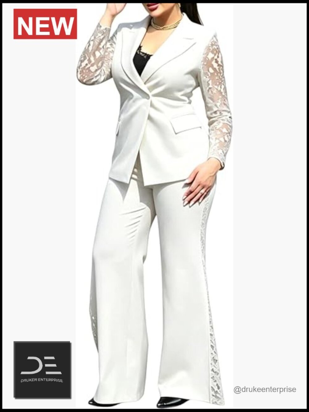 Lace Patchwork Long Sleeve Blazer Wide Leg Pants Suit Set 2 Piece Business
